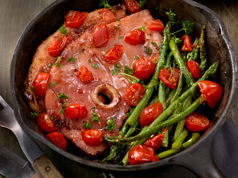Glazed Ham Steak with Asparagus and Tomatoes -Photographed on Hasselblad H3D2-39mb Camera