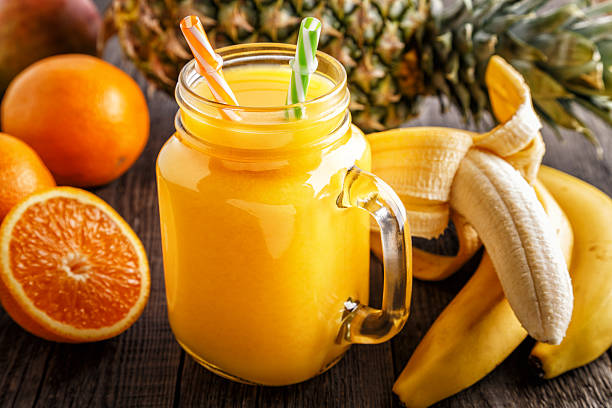 istock Glass of smoothie with fruit, selective focus. 626267174