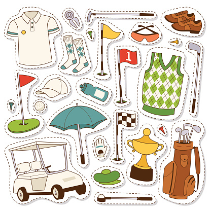 Vector set of stylized golf icons hobby car equipment. Collection cart player golf icons sport symbol flag hole golf game. Vector sign patch set bag golf icons hobby golfer car equipment.