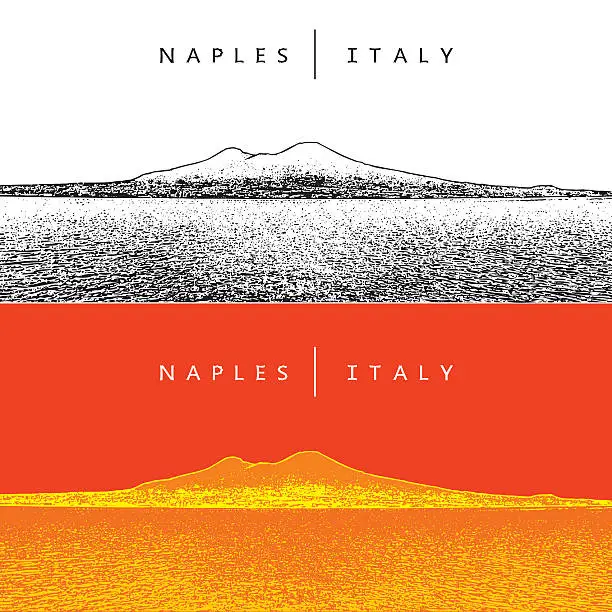 Vector illustration of Naples, Italy. Panoramic view and volcano Vesuvius.