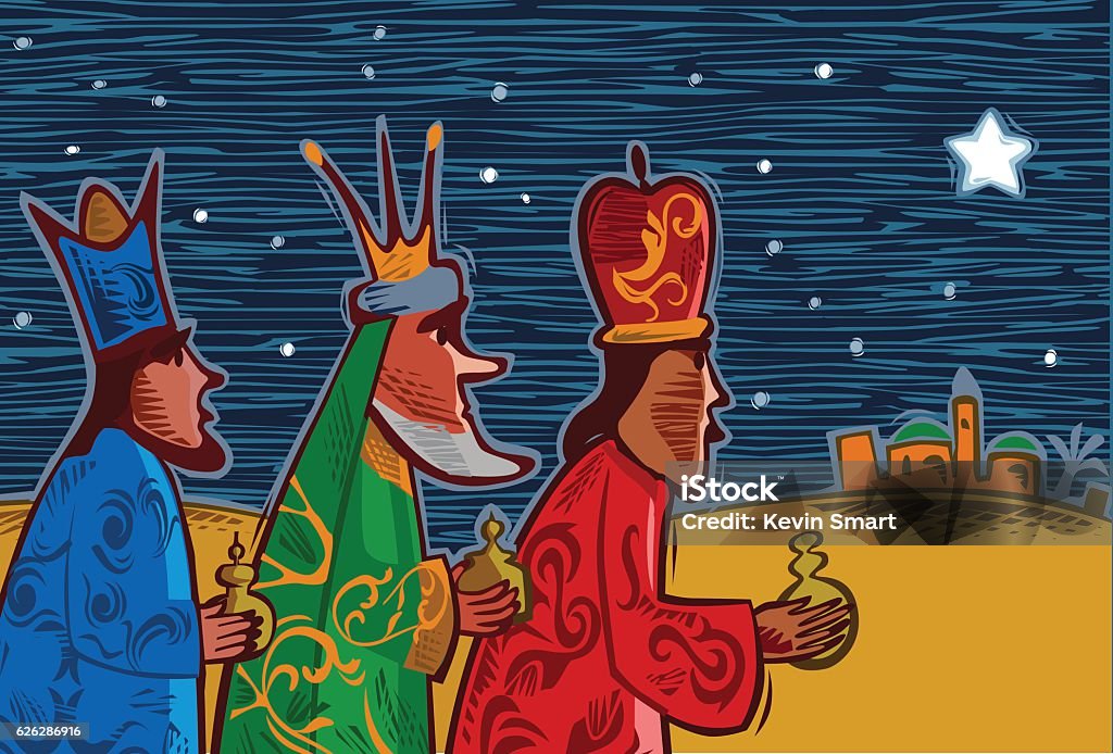 Three wise men - three kings Christmas themed scene in hand crafted woodcut style. Eps. 10 file, CS5 version in zip Three Wise Men stock vector