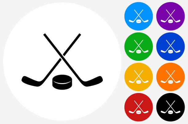 ilustraciones, imágenes clip art, dibujos animados e iconos de stock de palo de hockey y el icono de disco en los botones de círculo de color plano - hockey sobre hierba