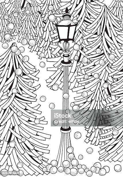 Winter Adult Coloring Book Page Lantern Shines At Night Stock Illustration - Download Image Now