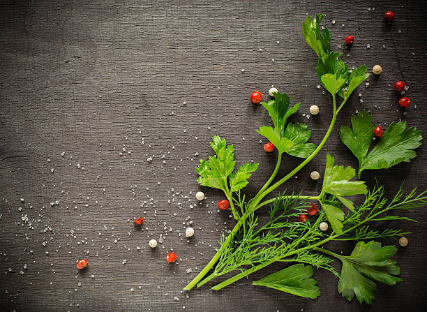 istock Fragrant fresh parsley and dill arranged on a diagonal  dark 626291120