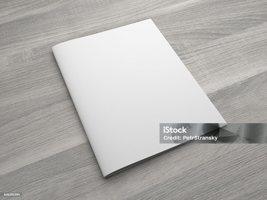 Blank 3D illustration brochure or magazine on wooden background. Blank US letter, brochure or magazine isolated on gray on wooden textured background. 3D illustration mockup. Magazine - Publication Stock Photo