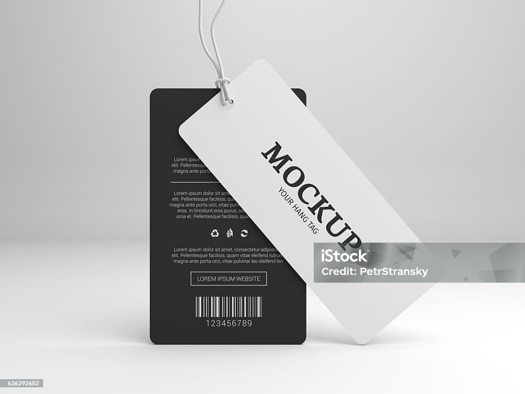 Hang tag 3D illustration mockup for branding label Hang tag mockup for branding label. Standing black and white tags. 3D illustration mock-up. Label Stock Photo