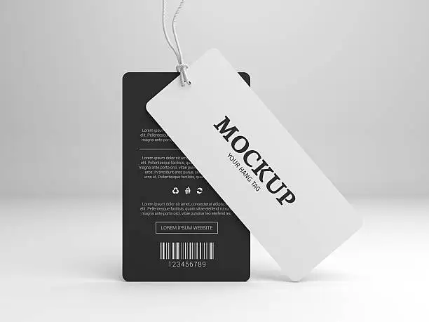 Hang tag mockup for branding label. Standing black and white tags. 3D illustration mock-up.