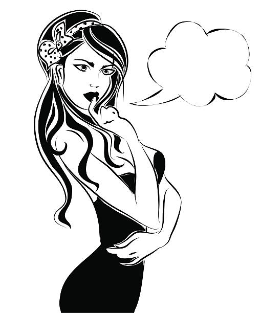 Sexy pin up woman, black and white vector silhouette Sexy pin up woman, black and white vector silhouette with speech bubble illustration fine art portrait pin up girl glamour beauty stock illustrations