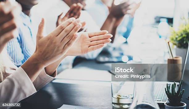 Closeup Photo Of Partners Clapping Hands After Business Seminar Professional Stock Photo - Download Image Now