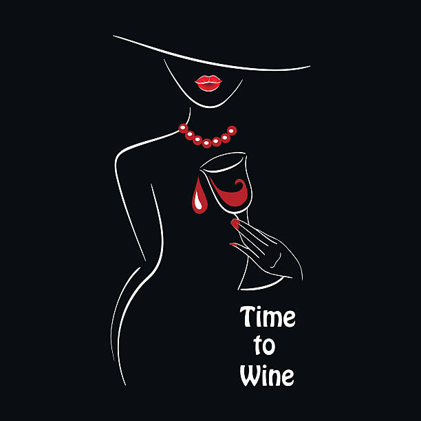 time to wine Vector white outlined lady silhouette with graphic glass of wine on black background with a place for your text. Element for your design logo, poster , menu, etc. Wine and grape festival concept. fashion silhouettes stock illustrations