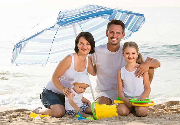 istock family sitting under umbrella on the beach 626325018