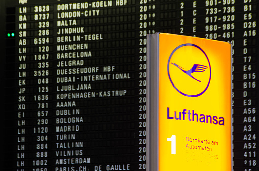 Frankfurt, Germany - November 28, 2016: Departure scoreboard with cancelled flights at Terminal 1, Airport Frankfurt. 