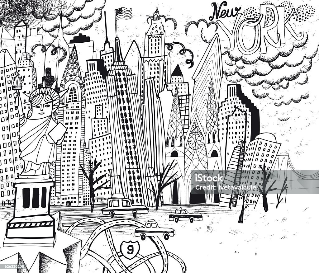 New York City line art coloring page Vector file. Hand drawn famous buildings of New York  Coloring Book Page - Illlustration Technique stock vector