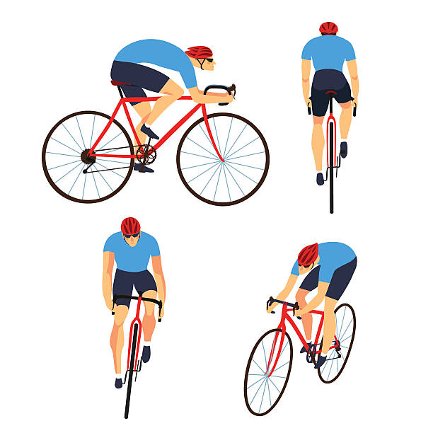 Fast road biker set from different view Racing cyclist in action set. Fast road biker from side, front, back and three quarter view. Editable vector illustration. bicycle vector stock illustrations