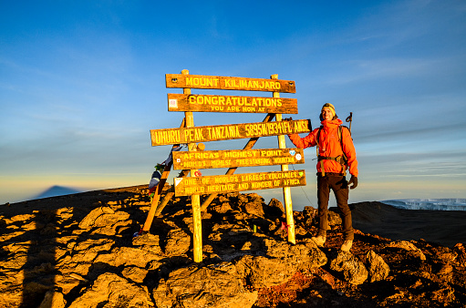 Kilimanjaro, Tanzania - March 11, 2015: A hiker standing on Uhuru Peak, the summit of Kibo and highest mountain in Africa, Mount Kilimanjaro at 5895m amsl. Summit sign and glacier in the background.