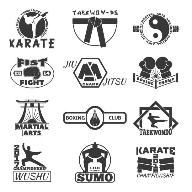 ilustrações de stock, clip art, desenhos animados e ícones de fight club bages vector set. - karate kickboxing martial arts silhouette