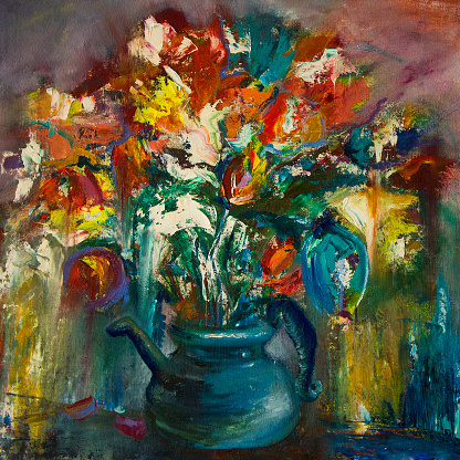 Oil painting bouquet flowers in vase