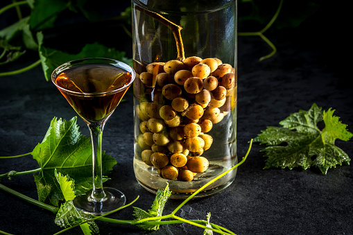 Traditional Chilean grapes brandy with whole bunch of grapes inside bottle. Aguardiente de uva Bottle of grape aguardiente brandy and grape leaves on slate dark background. Latin American drink