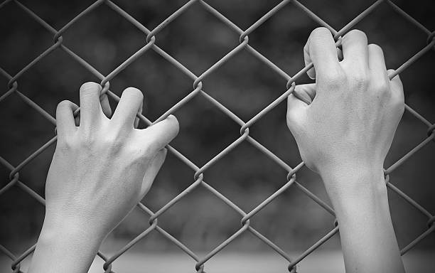 istock Hand touching iron mesh in black and white tone 626353354