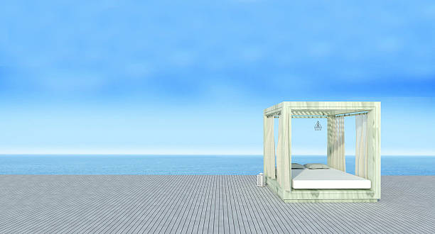 istock Beach lounge with sundeck on sea view and blue sky 626354520