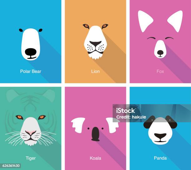 Animal Cartoon Face Flat Face Icon Vector Stock Illustration - Download Image Now - Animal Head, Lion - Feline, Animal