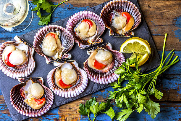 istock Raw scallops with lemon, cilantro on slate plate, white wine 626361770