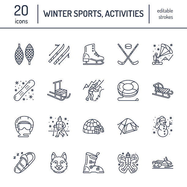 illustrations, cliparts, dessins animés et icônes de mignons icônes de ligne mince des sports d’hiver. vecteur d’activités de plein air - snowmobiling silhouette vector sport