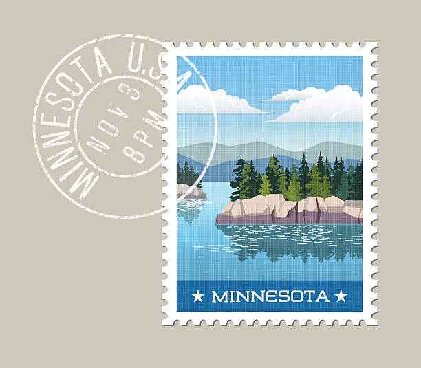 scenic Minnesota lake and forest. Vector illustration. Minnesota postage stamp design. Vector illustration of scenic lake and forest with grunge postmark on separate layer minnesota stock illustrations