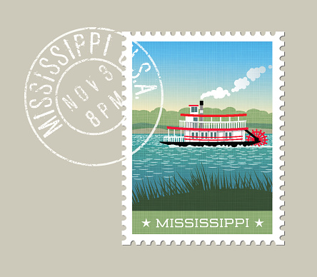 Mississippi postage stamp design. Vector illustration of steamship paddle boat on the river. Grunge postmark on separate layer