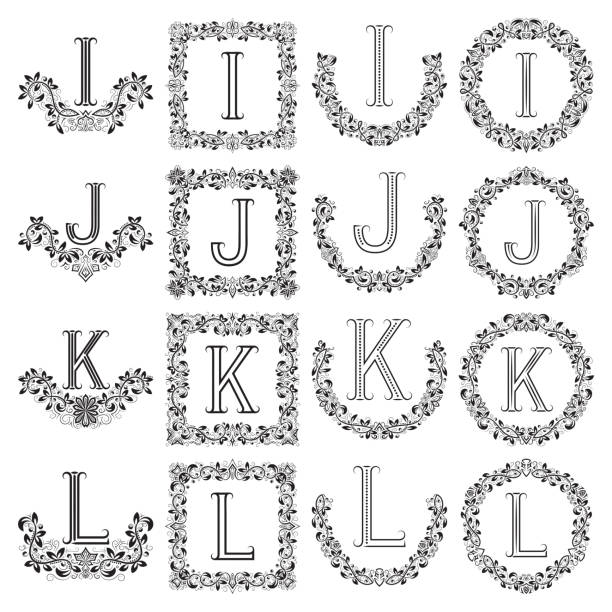 ilustraciones, imágenes clip art, dibujos animados e iconos de stock de conjunto de monogramas modelados de letras i, j, k, l. - letter i letter j letter k letter l