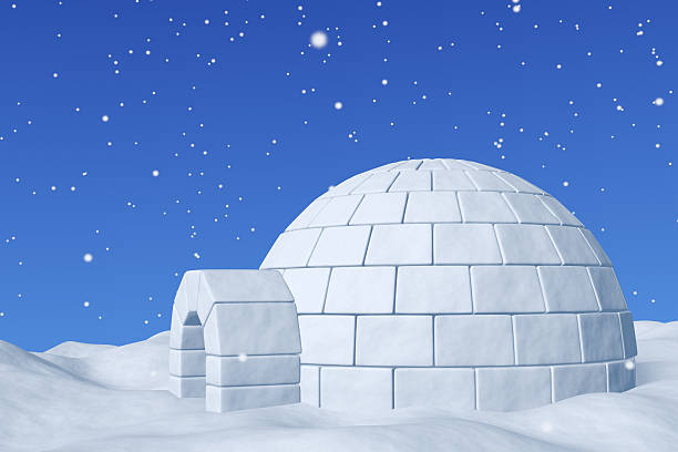 istock Igloo snowhouse under blue sky with snowfall closeup 626393918