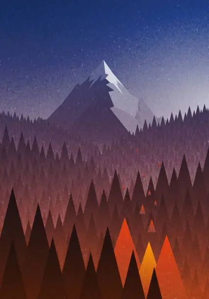 Vector illustration of Snowy big mountain and forest fire.