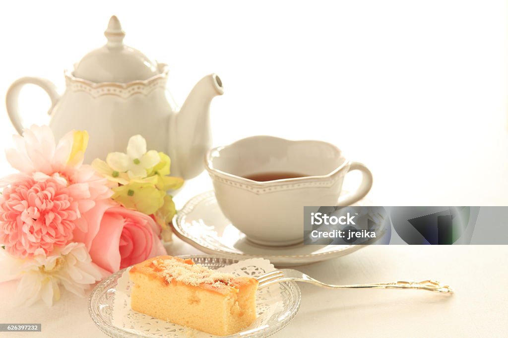 almond flake on cake with tea Afternoon Tea Stock Photo