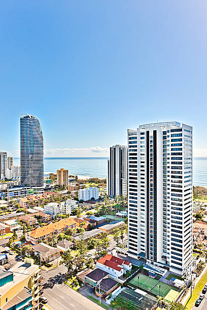 istock Modern city buildings with blue skyscraper 626398200
