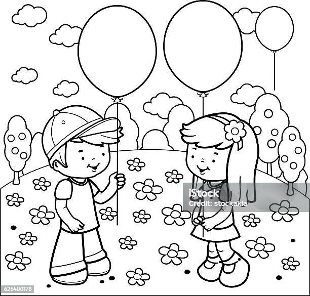 Children At The Park Playing With Balloons Coloring Book Page Stock Illustration - Download Image Now