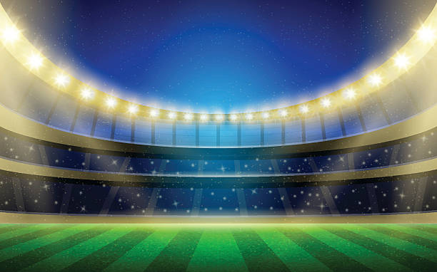 illustrations, cliparts, dessins animés et icônes de illustration de stade sportif vectoriel avec terrain en herbe, tribunes et lumières. - soccer stadium illustrations