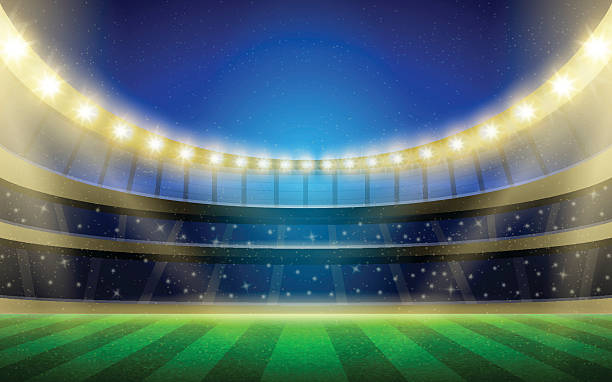 잔디 밭, 스탠드 및 조명이있는 벡터 스포츠 경기장 그림. - soccer stadium illustrations stock illustrations