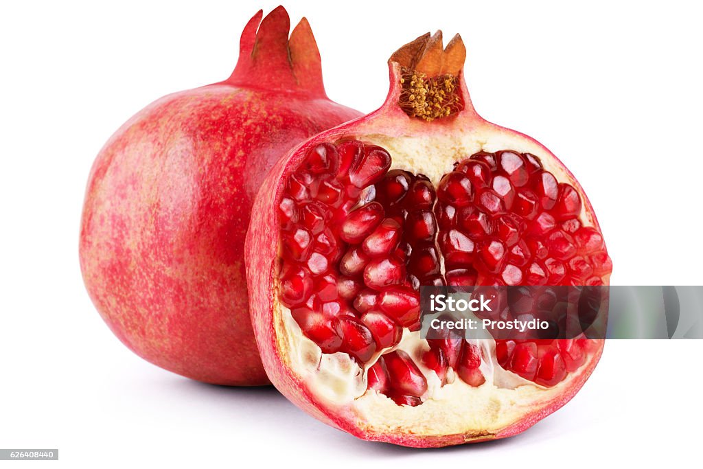 Ripe pomegranate fruit isolated on white background cutout Pomegranate Stock Photo