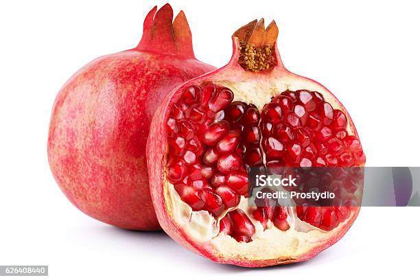 Ripe Pomegranate Fruit Isolated On White Background Cutout Stock Photo - Download Image Now