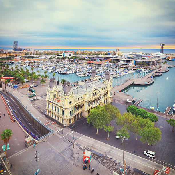 Aerial view on Barcelona skyline and marina with mountain ridges in distance under the moody sky