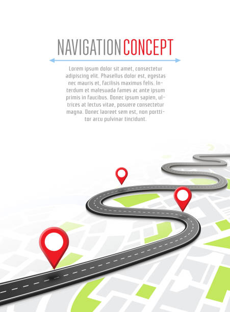 Navigation concept with pin pointer Navigation concept with pin pointer vector illustration. Map marker pointer on road map. GPS navigation system banner. Cartography mapping, ui pinning, discovery, geotag, tourism geolocation. map markers and pins stock illustrations