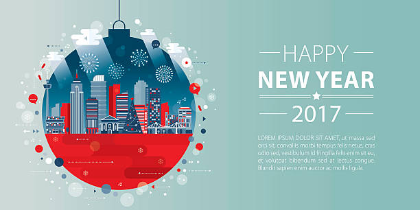 istock Christmas Ball With Cityscape And Fireworks Banner 626412666