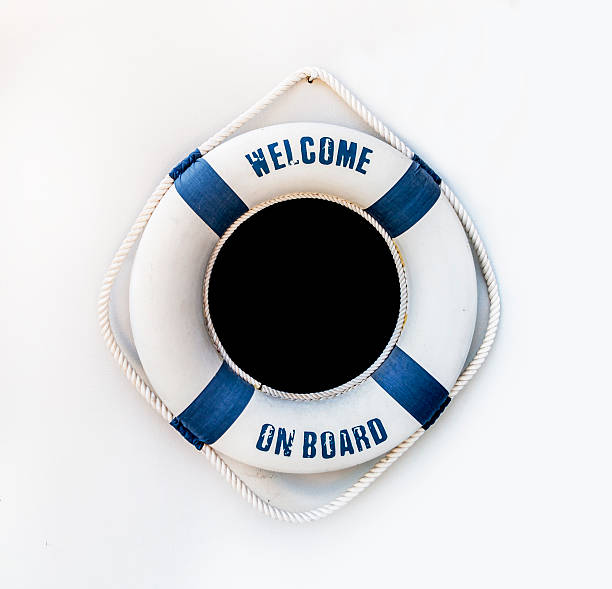 istock White and blue lifebuoy on white wall, float on wall 626413290
