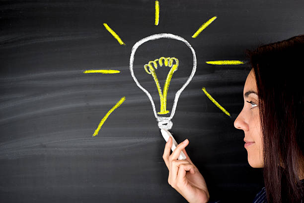 istock Woman and light bulb drawn in chalk on blackboard 626414532