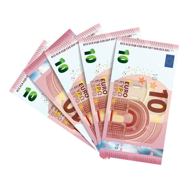 Fifty euro in bundle of banknotes of 10 euro Fifty euro in bundle of banknotes of 10 euro isolated on white banknote euro close up stock illustrations