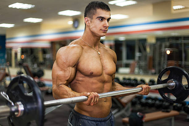 bodybuilder con bilanciere - human muscle men weights picking up foto e immagini stock