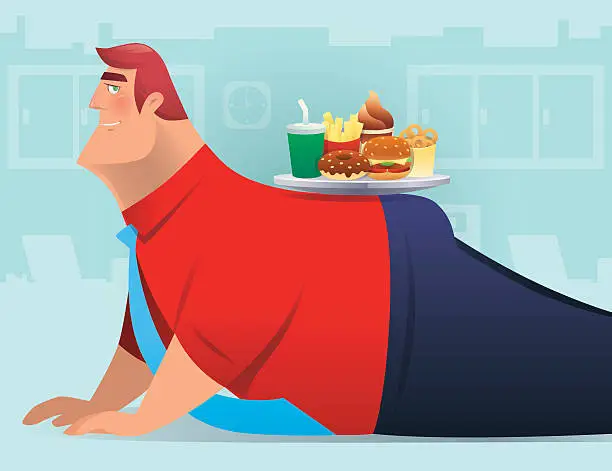 Vector illustration of businessman exercising with fast food