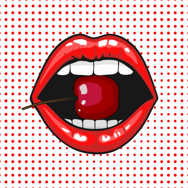 junge hübsche frau lippen porträt beißen kirsche. pop art - lipstick kiss stock-grafiken, -clipart, -cartoons und -symbole