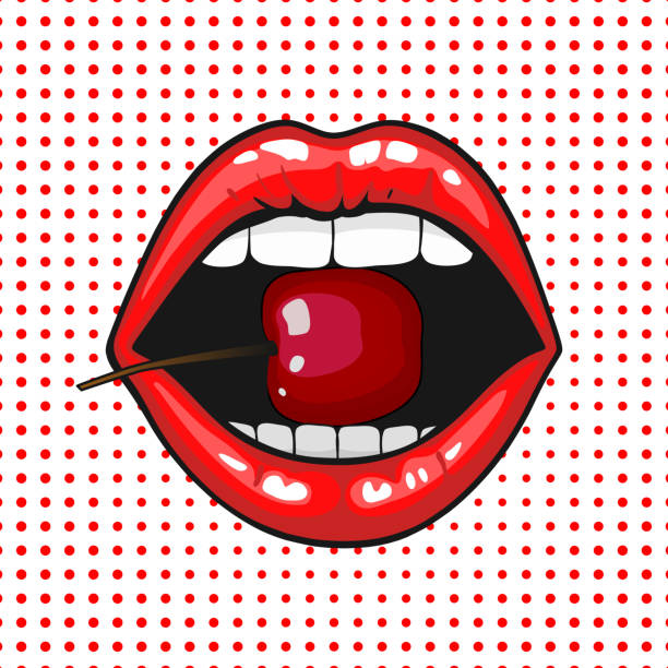 Young pretty woman lips portrait biting cherry. Pop art Close up view of young pretty woman lips portrait biting a cherry. Open month with white teeth eating a red cheery. halftone dots background. Pop art comic style mouths kissing stock illustrations