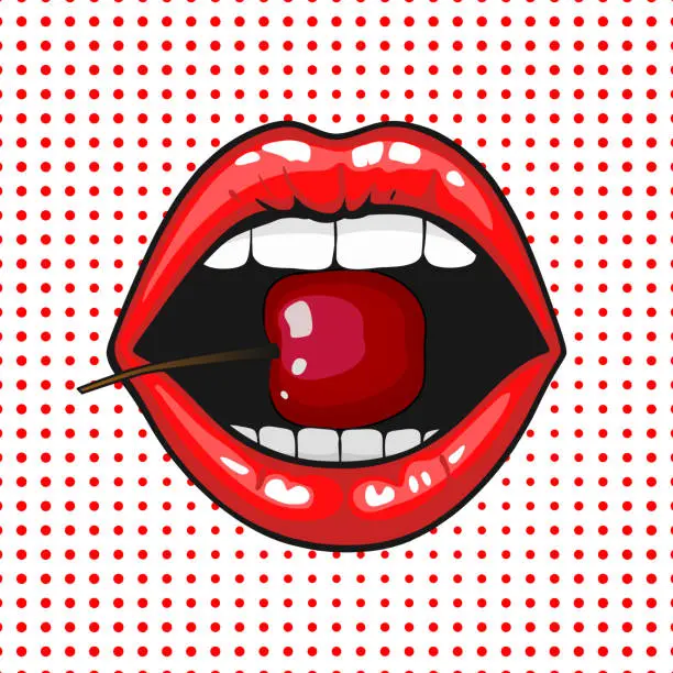Vector illustration of Young pretty woman lips portrait biting cherry. Pop art